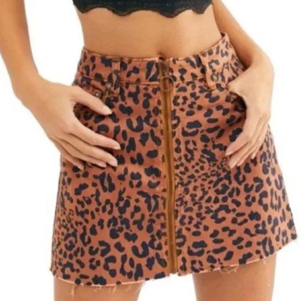 Free People Zip It Up Leopard Print Denim Mini Skirt